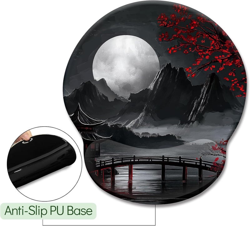 LIMKRIAN Japanese Mouse Pad with Wrist Rest, Full Moon Ergonomic Mouse Pad Wrist Support with Non-Slip Pain Relief PU Base, Funny Computer Mousepad, Japanese Style Office Home Desk Accessories Decor - Image 5